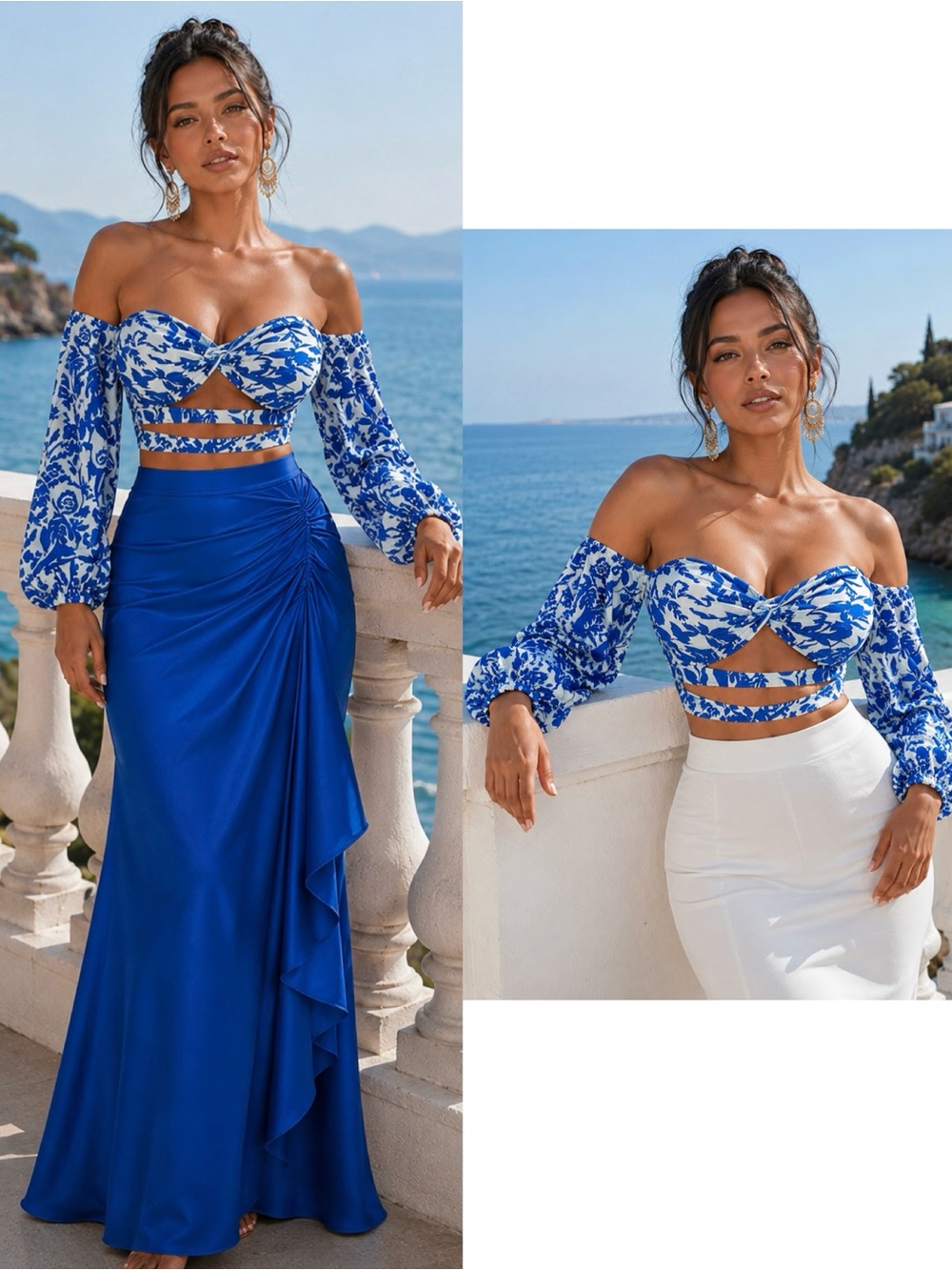 Blue & White Floral Off-Shoulder Twist Front Crop Top Wrap Waist Long Sleeve L